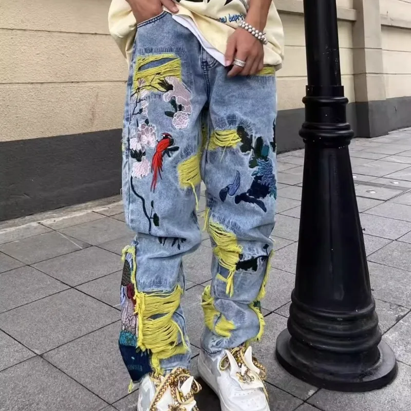 Street Fashion Jeans Men - Vaqueros dilapidados con bordado de Hip-hop